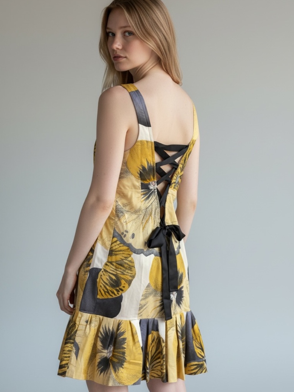 Rare early Leifsdottir designer structured floral corset back ruffle hem dress s